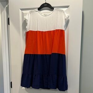 Colorblock Midi Dress - White, Orange, and Blue